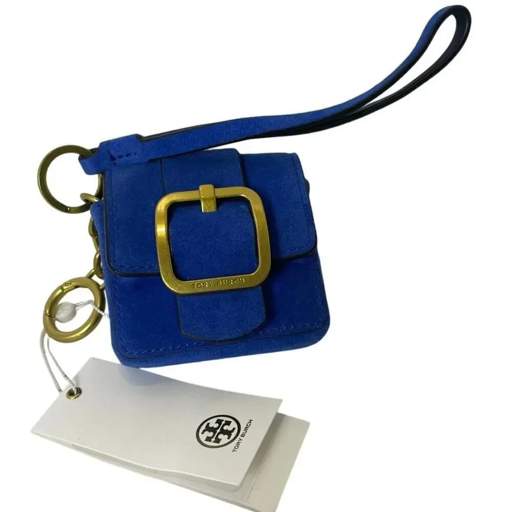 NEW TORY BURCH SAWYER MINI BAG KEY CHAIN WRISTLET BLUE DAHLIA CHARM‎ AIRBUD FOB